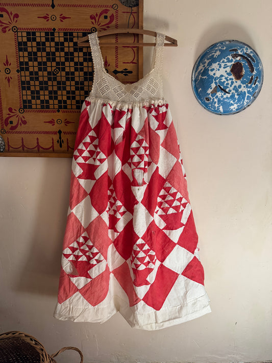 Handmade Red Basket Quilt Dress with Antique Crocheted Yoke
