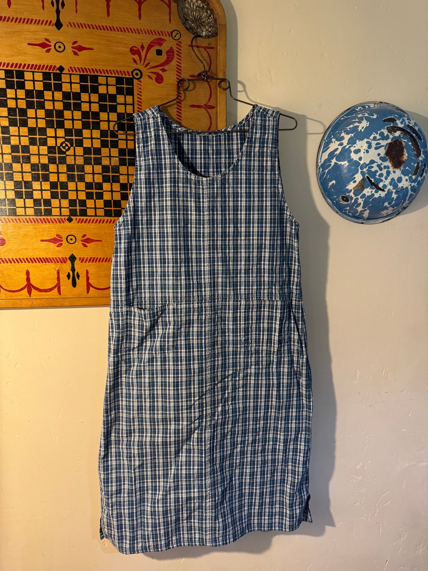 Vintage Handmade Homespun Indigo Gingham Shift Pinafore dress