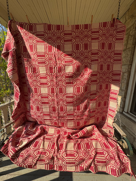 Antique Red and White Overshot Woven Coverlet