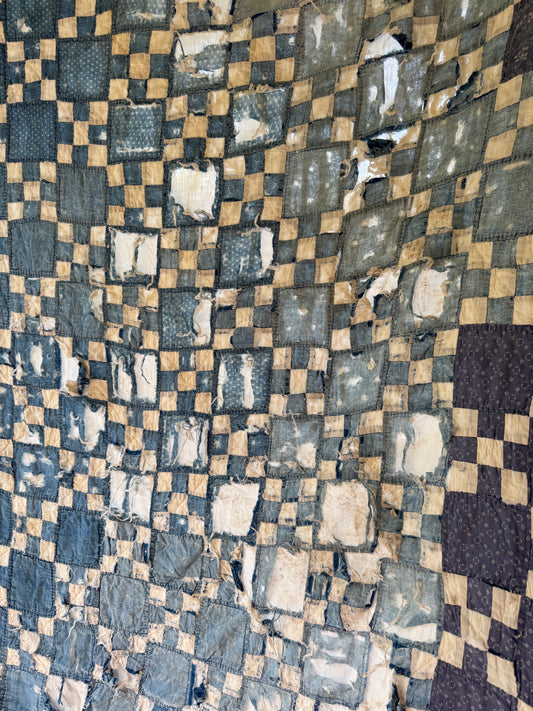Antique 1880s-1910s Indigo 9-Patch Quilt