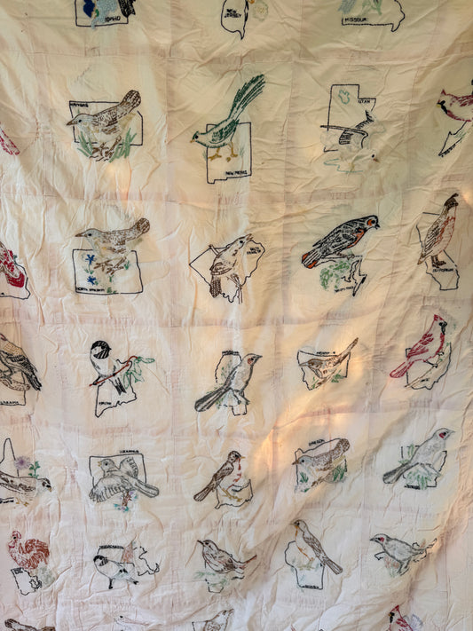 Vintage Pink State Birds Embroidered Quilt w/ dust ruffle edge