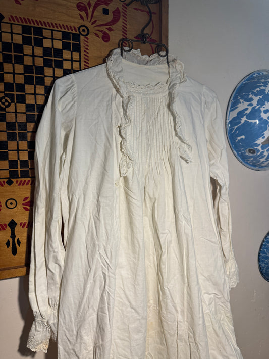 Antique Victorian Pin Tucked Long Sleeve Asymmetrical Opening Nightgown
