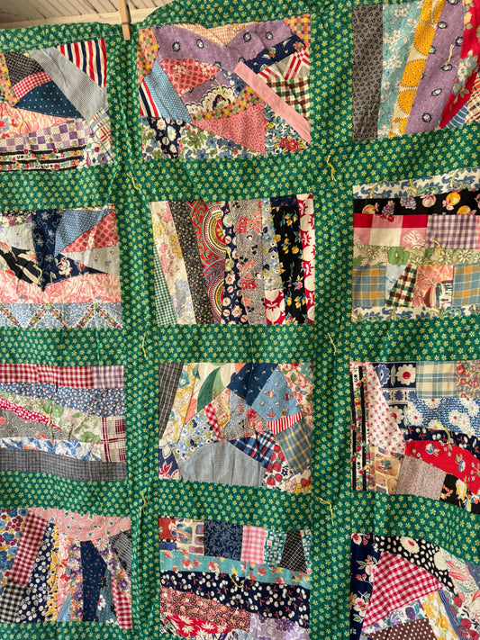 Vintage 1920s-30s Green Feedsack Crazy Tie Quilt