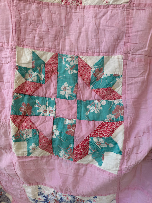Vintage 1930s-40s Pink Goose Tracks Feedsack Quilt