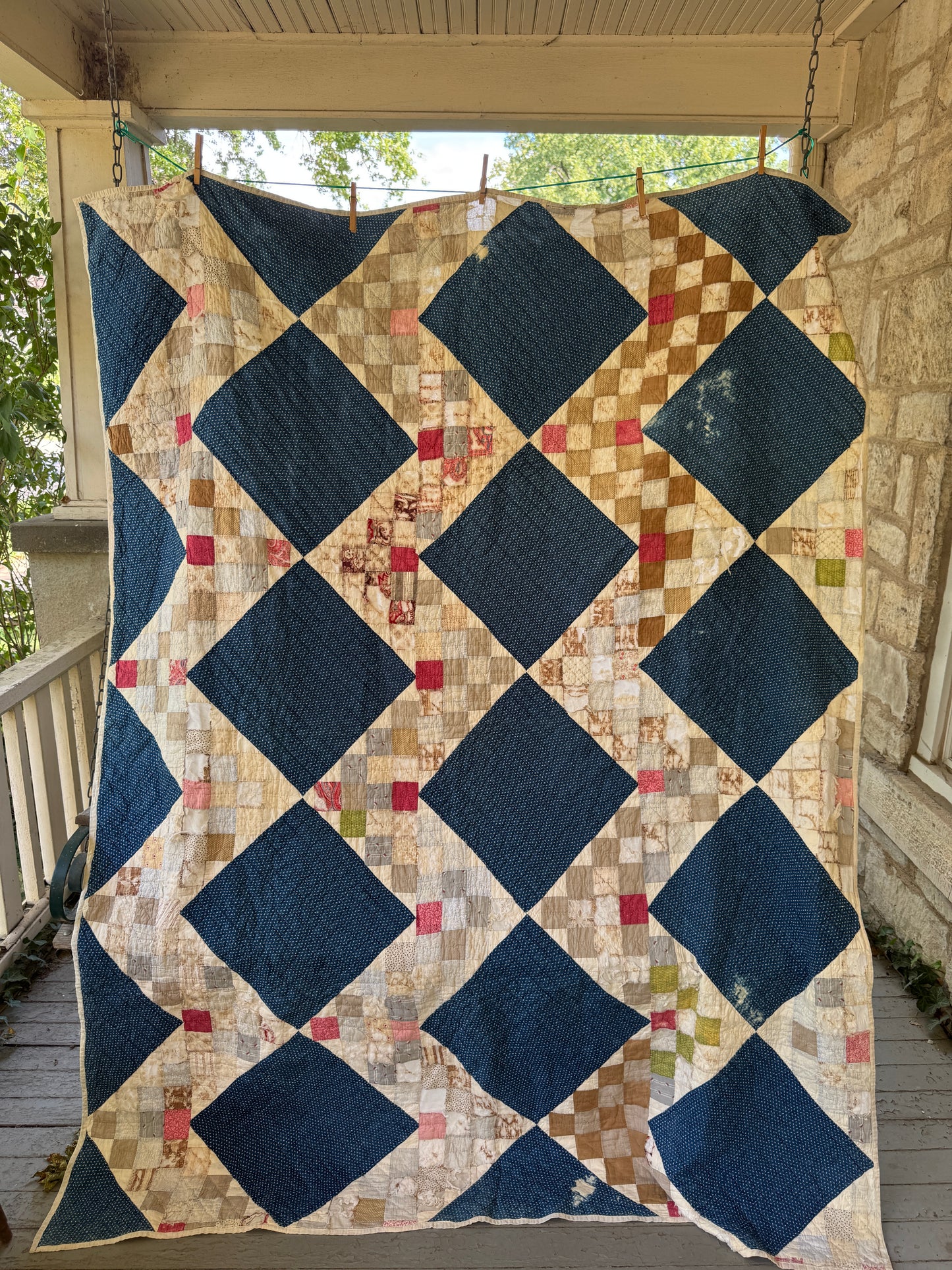 Antique 1840s-80s Indigo Square 9-Patch Variant Quilt