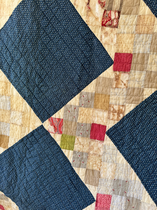 Antique 1840s-80s Indigo Square 9-Patch Variant Quilt