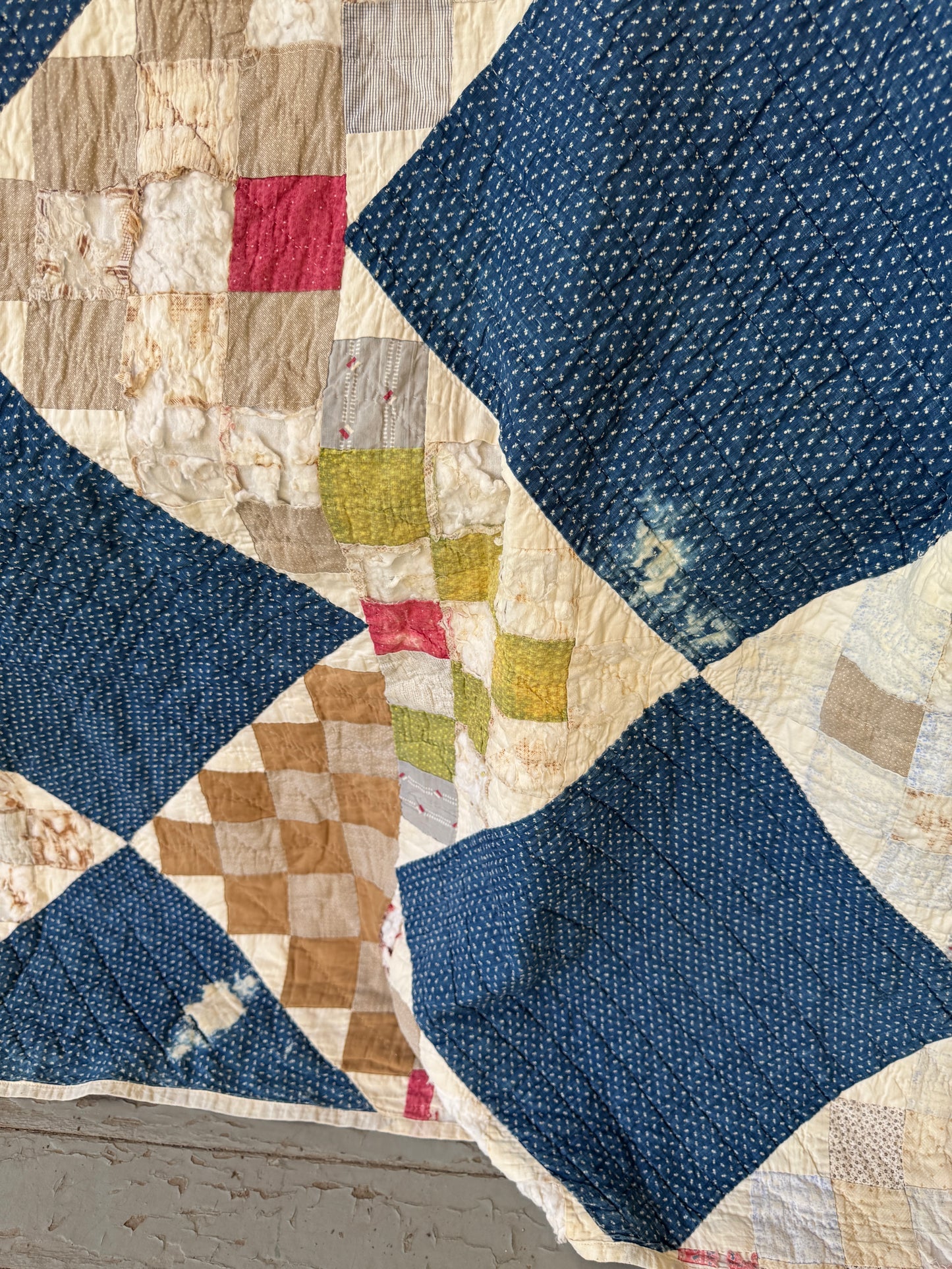 Antique 1840s-80s Indigo Square 9-Patch Variant Quilt