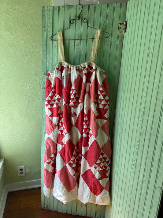 Handmade Red Basket Quilt Dress with Antique Crocheted Yoke