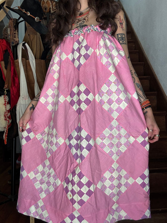 Vintage Quilt Top Dress - Pink and Purple 25-Patch