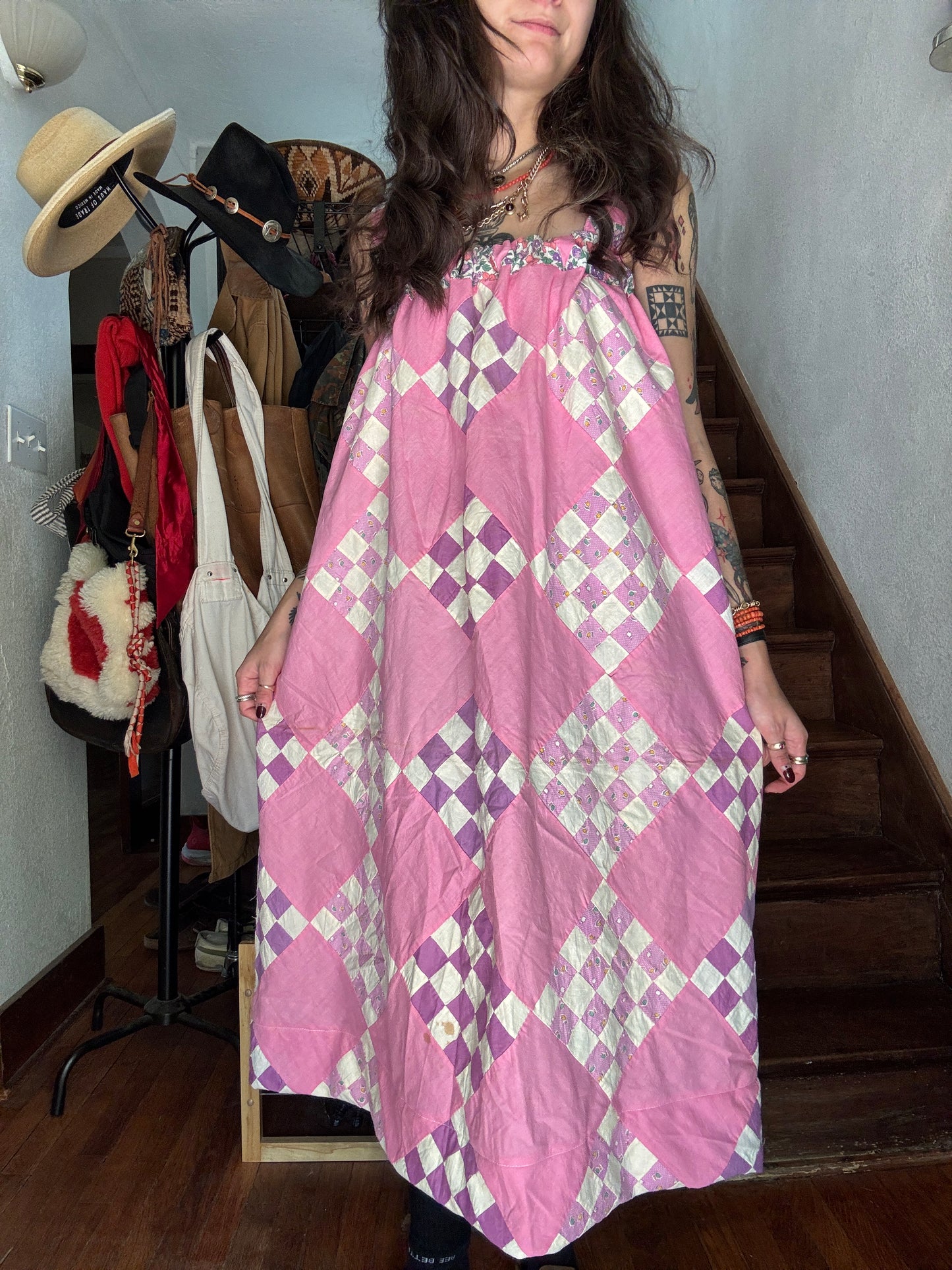 Vintage Quilt Top Dress - Pink and Purple 25-Patch
