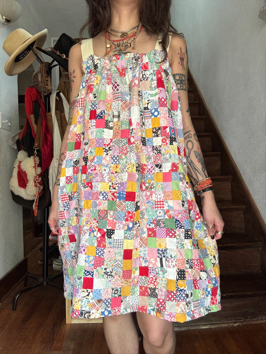 Vintage Quilt Top Dress - Postage Stamp Floursack