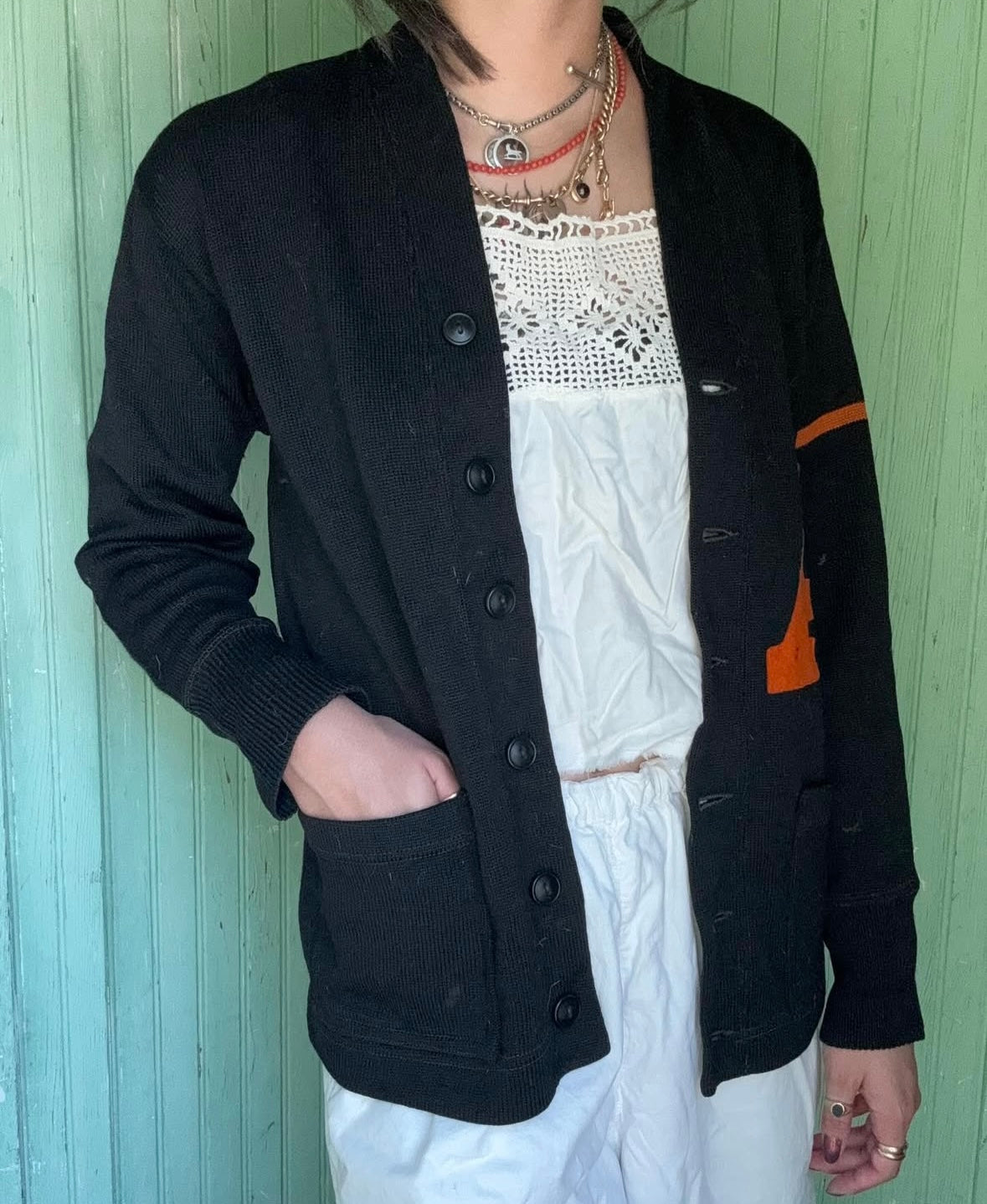 Vintage 1940s Black Wool and Orange “A” Letter Cardigan
