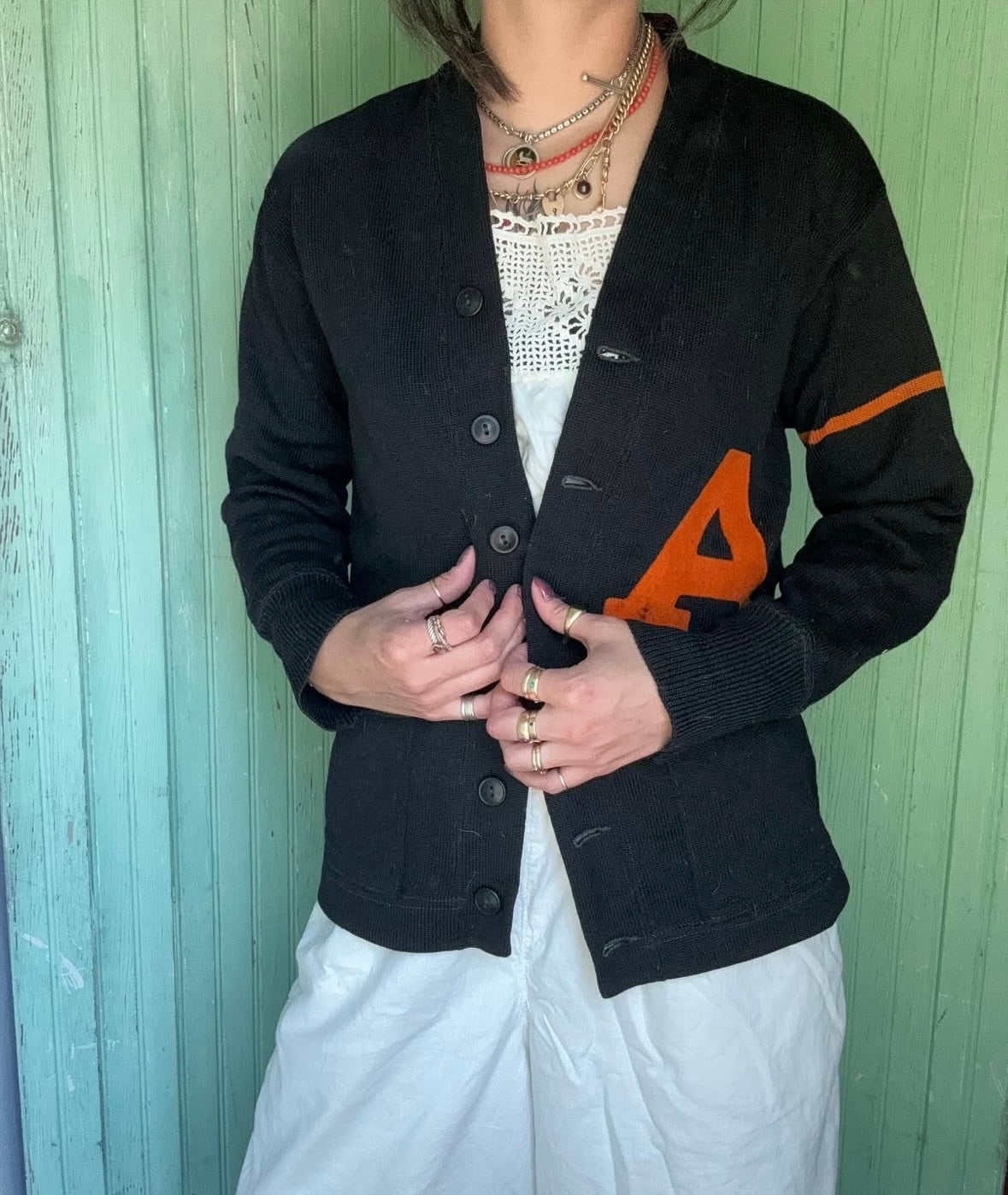Vintage 1940s Black Wool and Orange “A” Letter Cardigan
