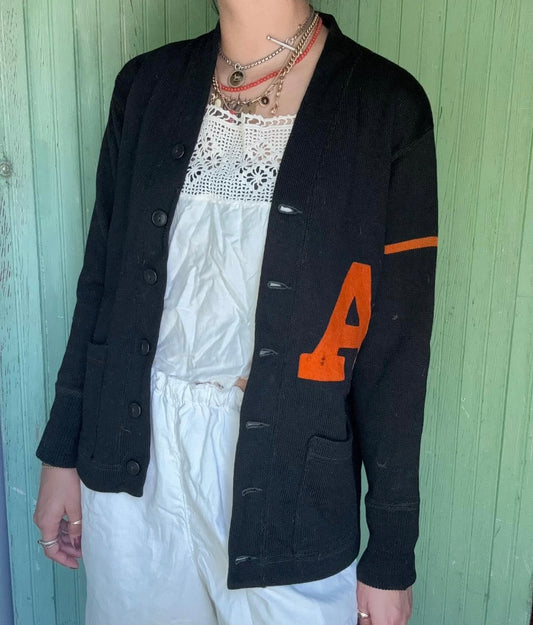 Vintage 1940s Black Wool and Orange “A” Letter Cardigan