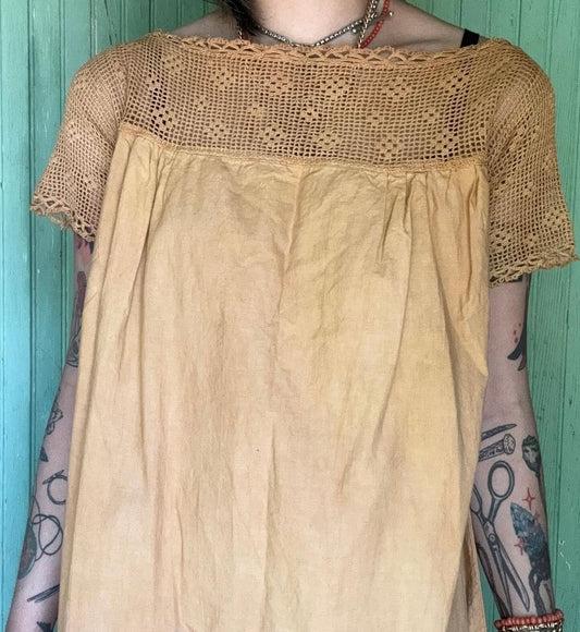 Antique Edwardian Crocheted Yoke Plant Dyed Mustard Yellow Nightgown