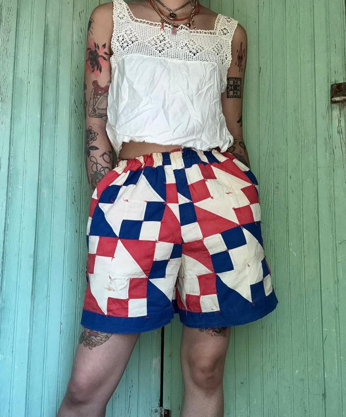 Vintage 1930s-50s Red-White-Blue Hourglass Variant Tie Quilt Shorts