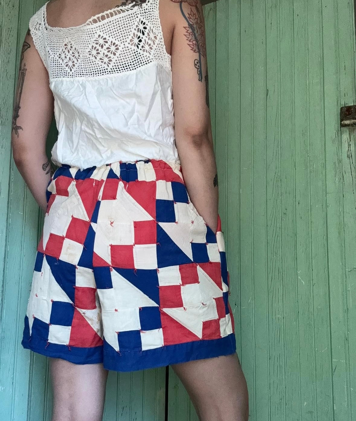 Vintage 1930s-50s Red-White-Blue Hourglass Variant Tie Quilt Shorts