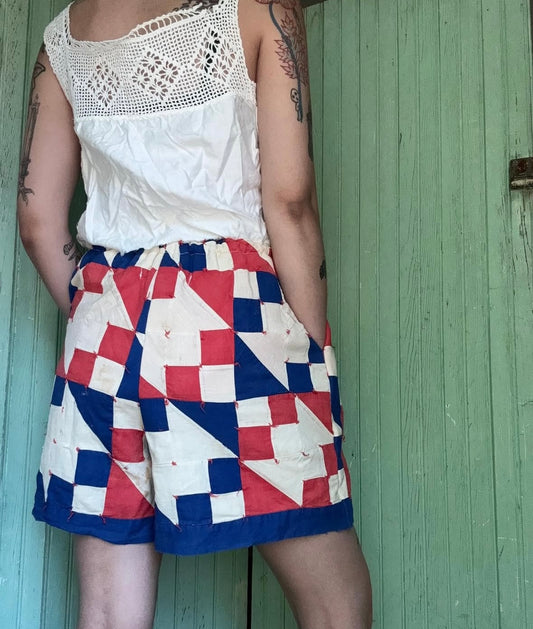 Vintage 1930s-50s Red-White-Blue Hourglass Variant Tie Quilt Shorts