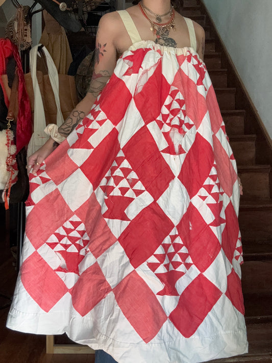 Handmade Red Basket Quilt Dress with Antique Crocheted Yoke