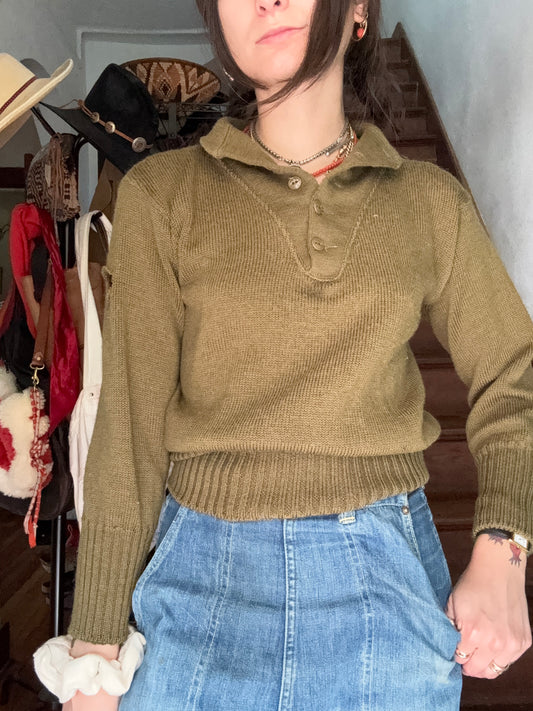 Vintage US Military Green Turtleneck Button Sweater
