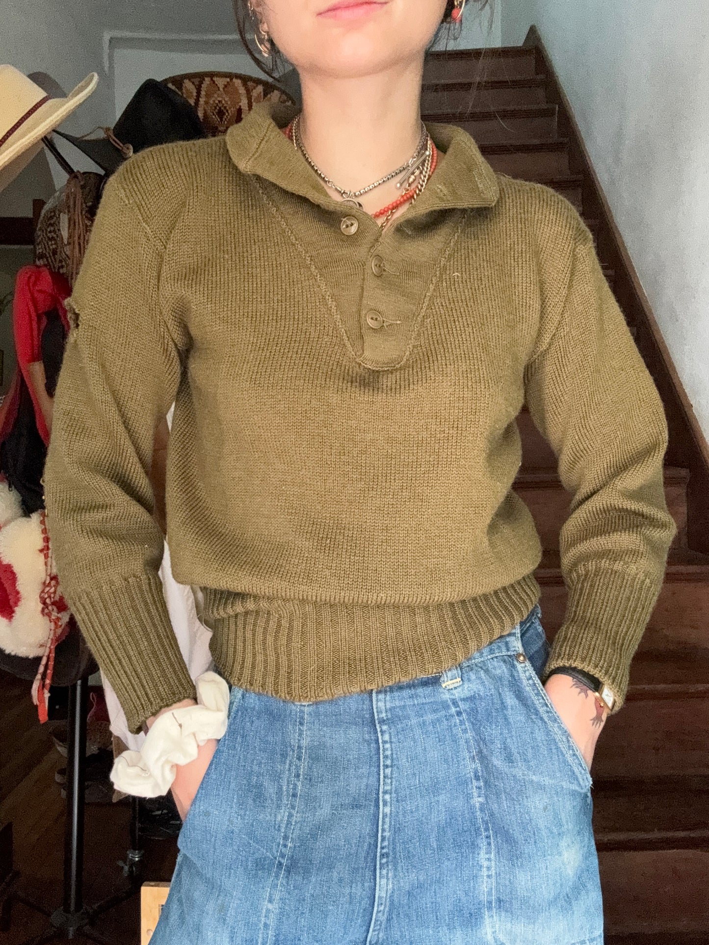 Vintage US Military Green Turtleneck Button Sweater