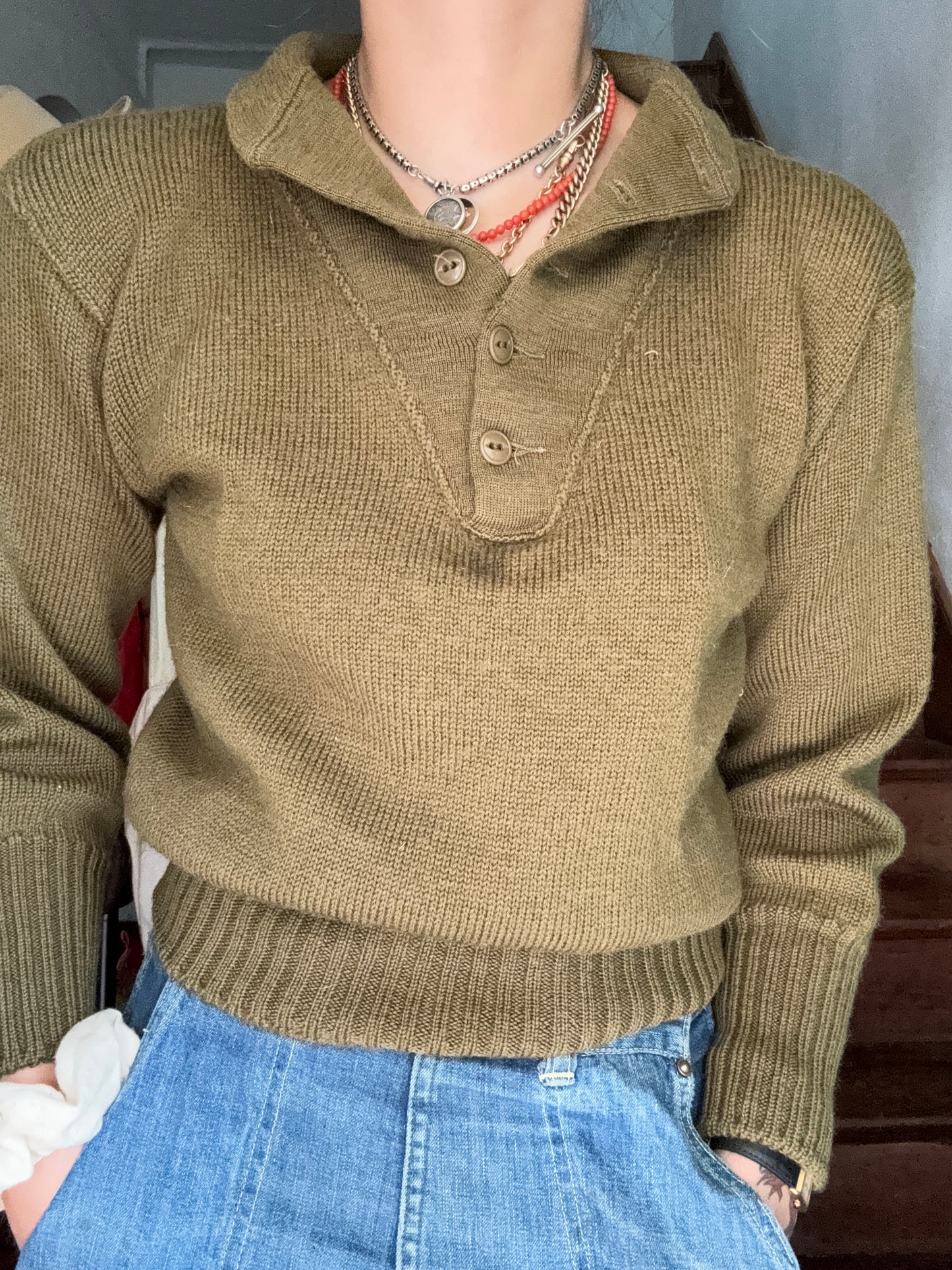 Vintage US Military Green Turtleneck Button Sweater