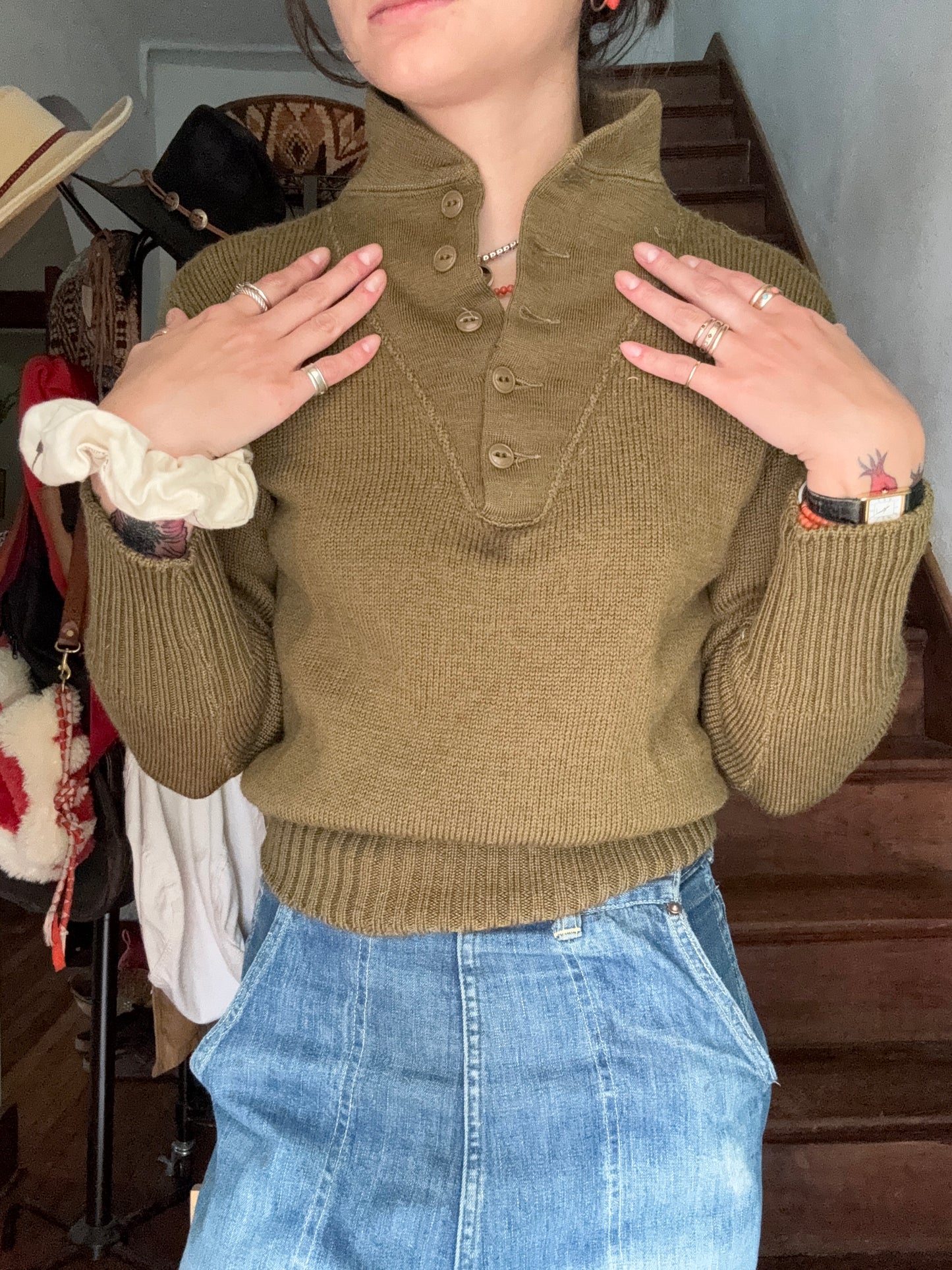 Vintage US Military Green Turtleneck Button Sweater