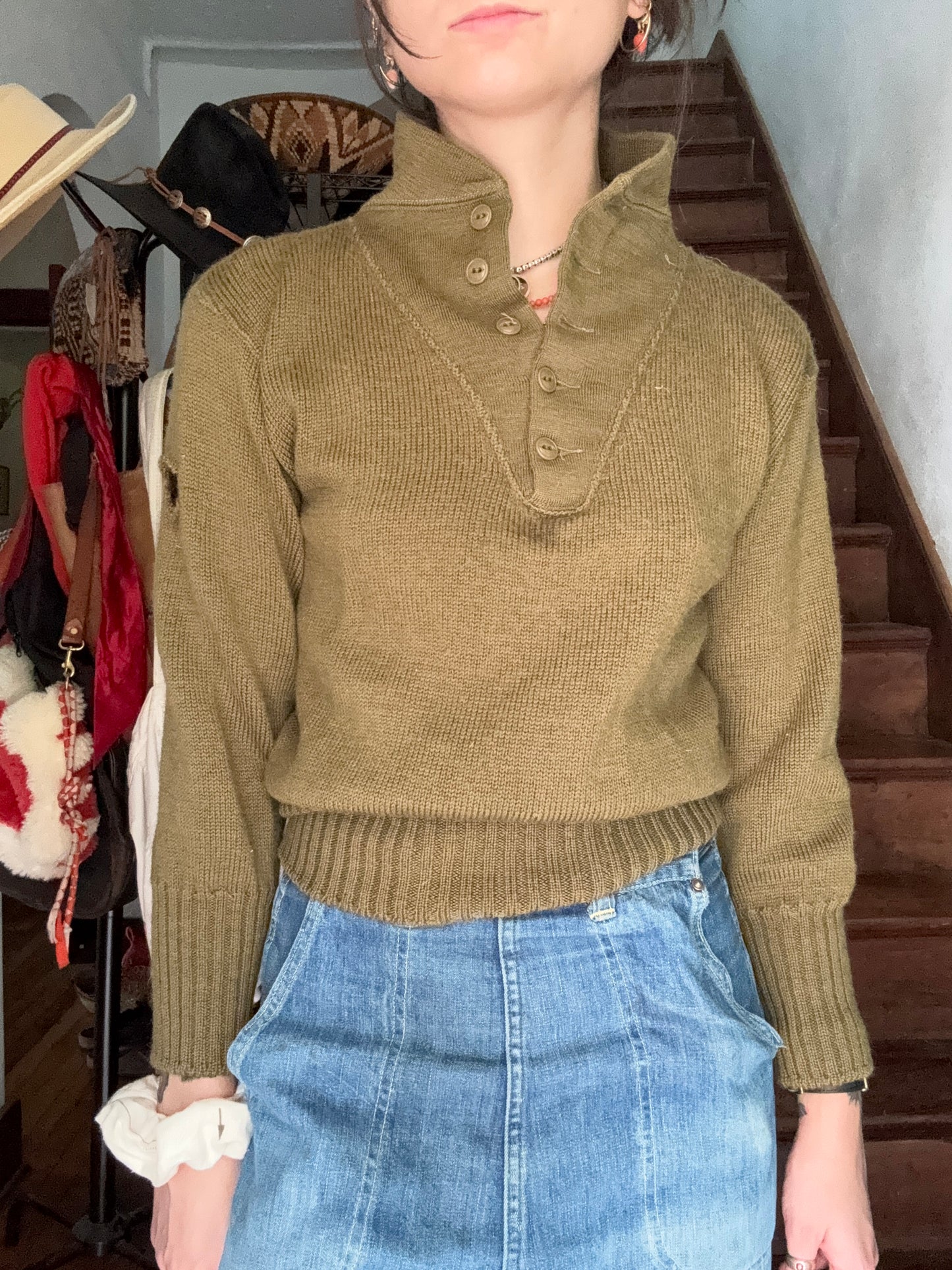 Vintage US Military Green Turtleneck Button Sweater