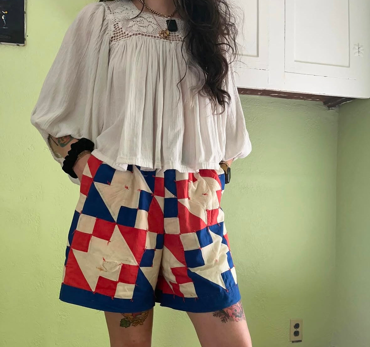 Vintage 1930s-50s Red-White-Blue Hourglass Variant Tie Quilt Shorts