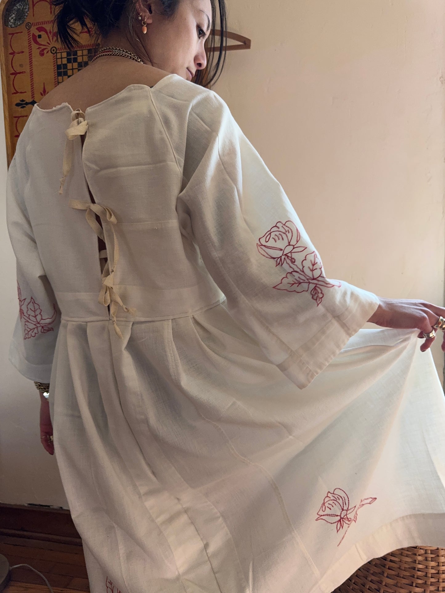 Handmade Vintage Embroidered Rose Tablecloth Dress